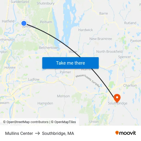 Mullins Center to Southbridge, MA map