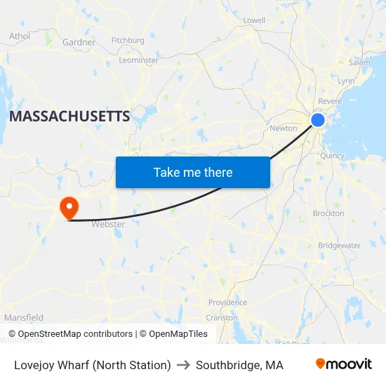 Lovejoy Wharf (North Station) to Southbridge, MA map