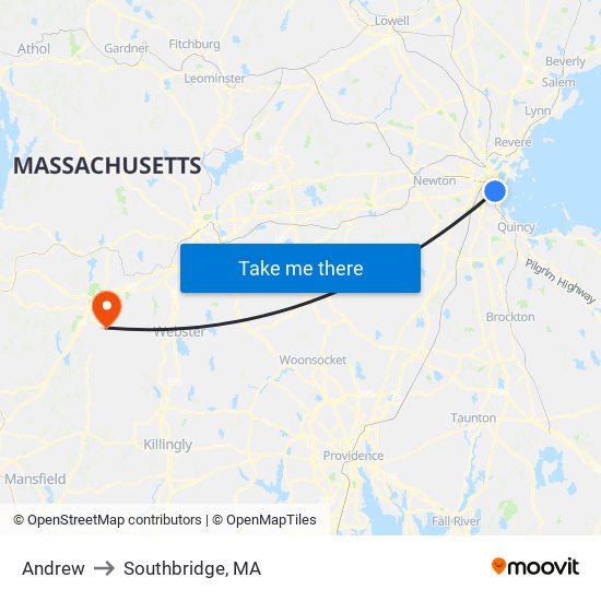 Andrew to Southbridge, MA map