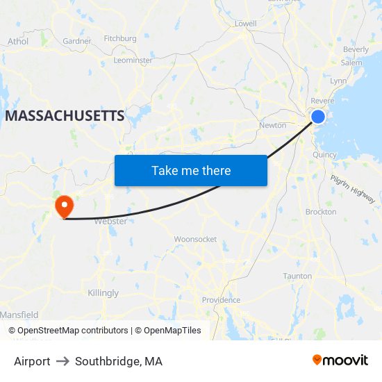 Airport to Southbridge, MA map