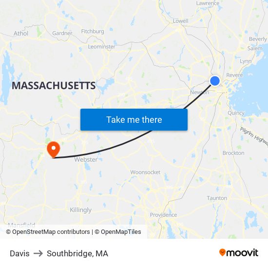 Davis to Southbridge, MA map