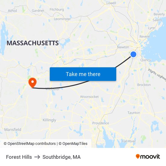 Forest Hills to Southbridge, MA map