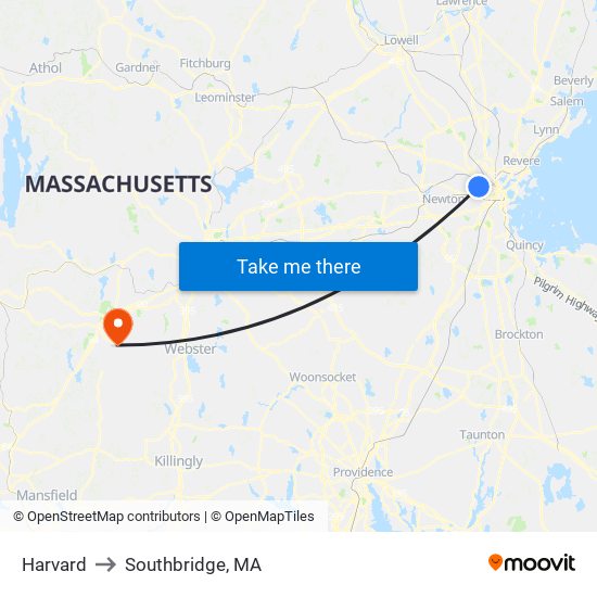 Harvard to Southbridge, MA map