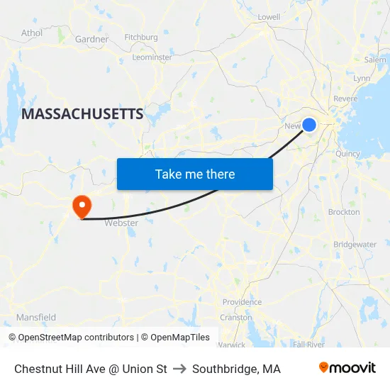 Chestnut Hill Ave @ Union St to Southbridge, MA map