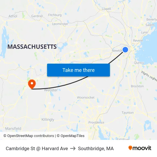 Cambridge St @ Harvard Ave to Southbridge, MA map