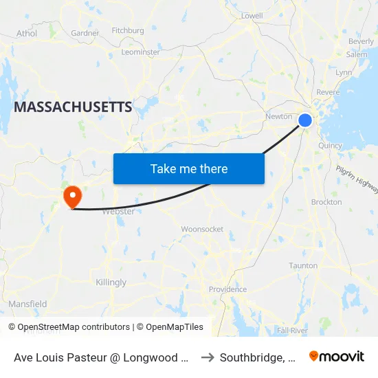 Ave Louis Pasteur @ Longwood Ave to Southbridge, MA map