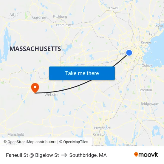 Faneuil St @ Bigelow St to Southbridge, MA map