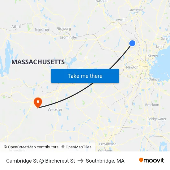 Cambridge St @ Birchcrest St to Southbridge, MA map