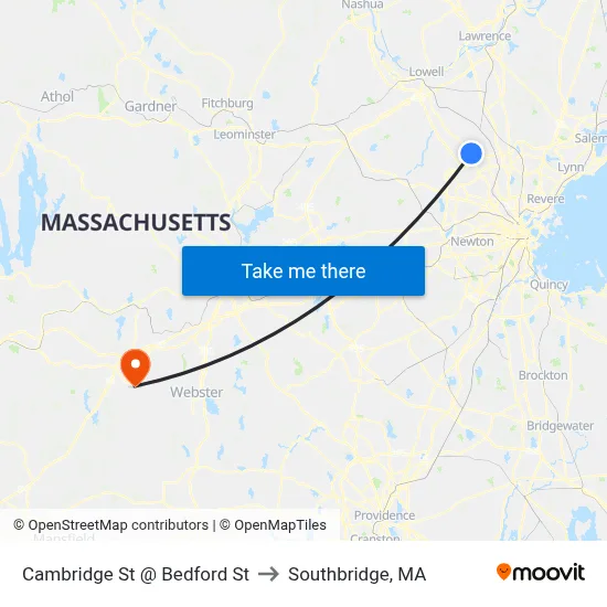 Cambridge St @ Bedford St to Southbridge, MA map