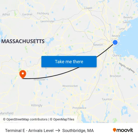 Terminal E - Arrivals Level to Southbridge, MA map