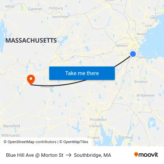 Blue Hill Ave @ Morton St to Southbridge, MA map