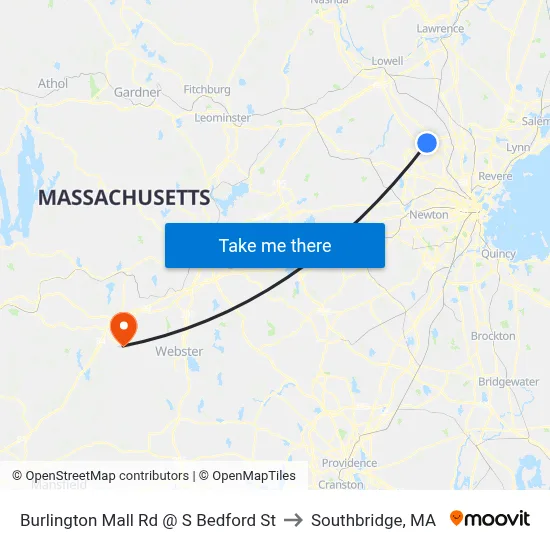 Burlington Mall Rd @ S Bedford St to Southbridge, MA map