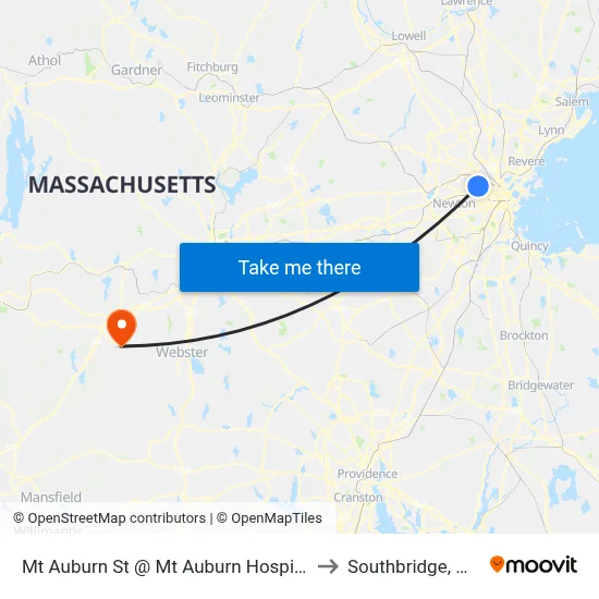 Mt Auburn St @ Mt Auburn Hospital to Southbridge, MA map