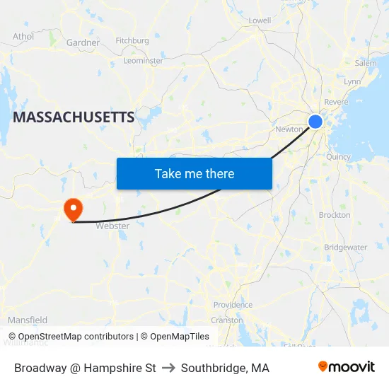 Broadway @ Hampshire St to Southbridge, MA map