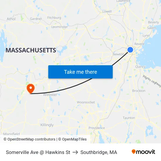 Somerville Ave @ Hawkins St to Southbridge, MA map