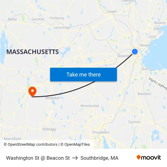Washington St @ Beacon St to Southbridge, MA map