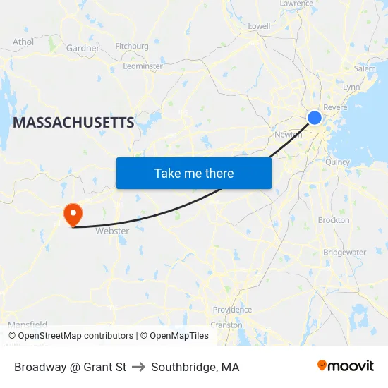 Broadway @ Grant St to Southbridge, MA map