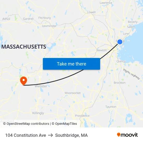 104 Constitution Ave to Southbridge, MA map