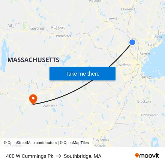 400 W Cummings Pk to Southbridge, MA map