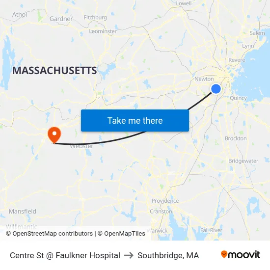 Centre St @ Faulkner Hospital to Southbridge, MA map