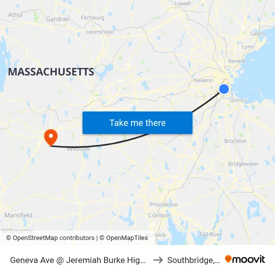 Geneva Ave @ Jeremiah Burke High School to Southbridge, MA map