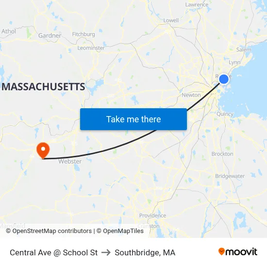 Central Ave @ School St to Southbridge, MA map