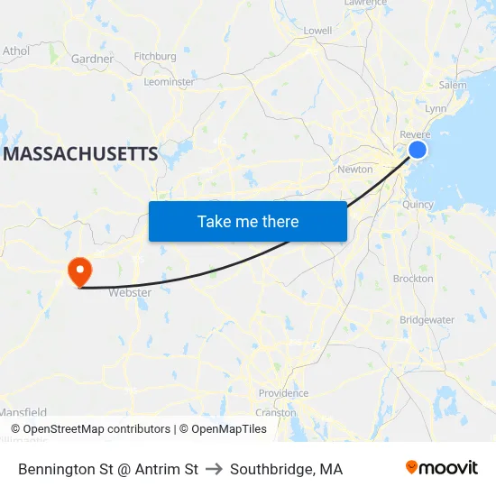 Bennington St @ Antrim St to Southbridge, MA map