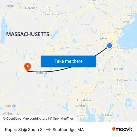 Poplar St @ South St to Southbridge, MA map