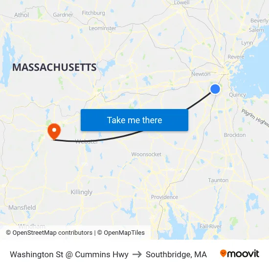 Washington St @ Cummins Hwy to Southbridge, MA map