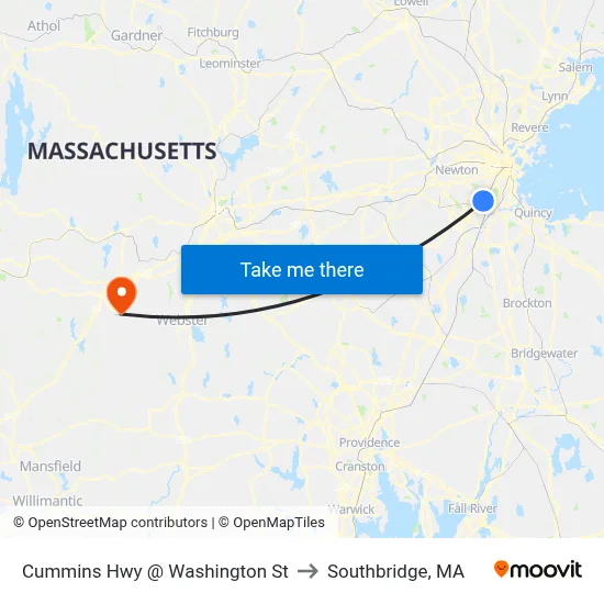 Cummins Hwy @ Washington St to Southbridge, MA map