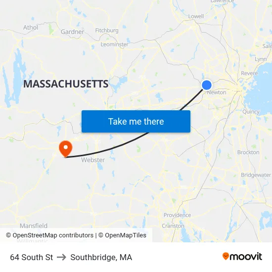 64 South St to Southbridge, MA map