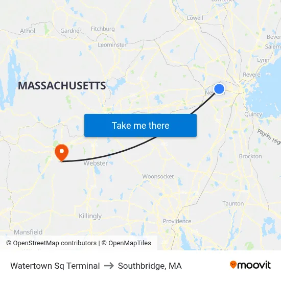 Watertown Sq Terminal to Southbridge, MA map
