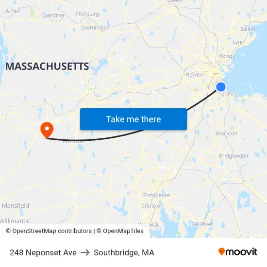 248 Neponset Ave to Southbridge, MA map