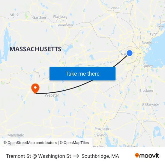 Tremont St @ Washington St to Southbridge, MA map