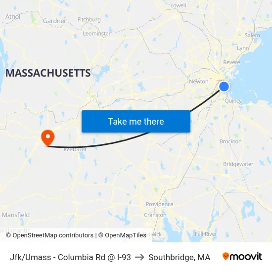 Jfk/Umass - Columbia Rd @ I-93 to Southbridge, MA map