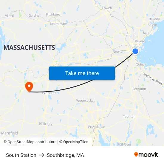 South Station to Southbridge, MA map