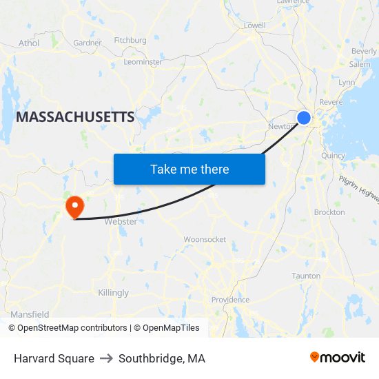 Harvard Square to Southbridge, MA map