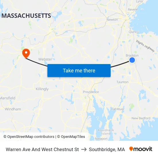 Warren Ave And West Chestnut St to Southbridge, MA map