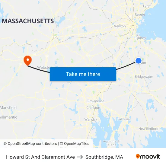 Howard St And Claremont Ave to Southbridge, MA map