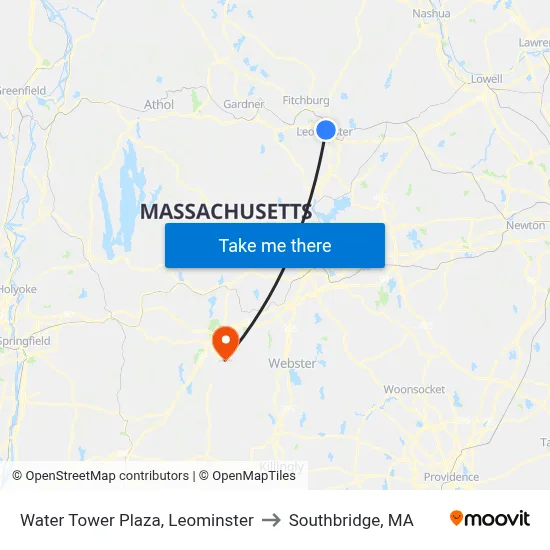 Water Tower Plaza, Leominster to Southbridge, MA map