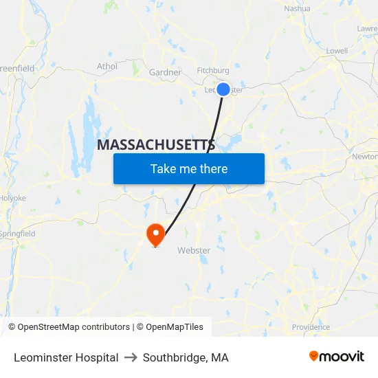 Leominster Hospital to Southbridge, MA map