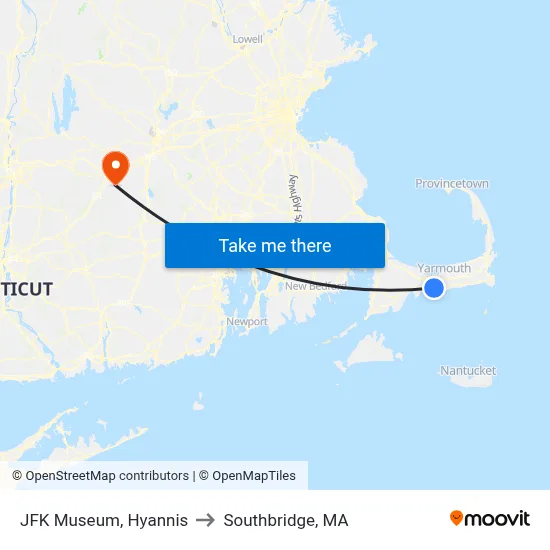 JFK Museum, Hyannis to Southbridge, MA map