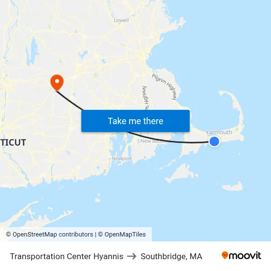 Transportation Center Hyannis to Southbridge, MA map
