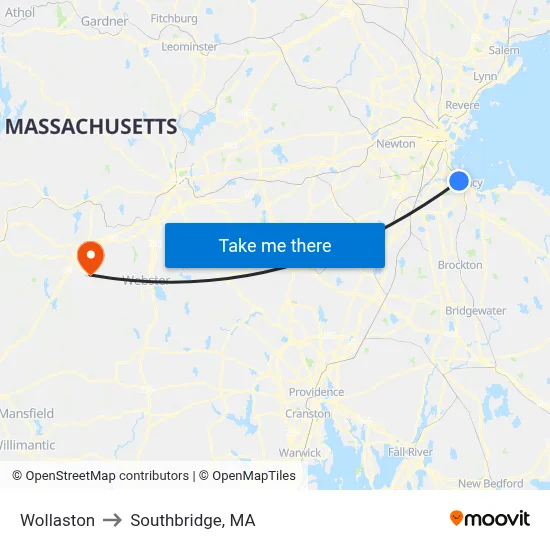 Wollaston to Southbridge, MA map