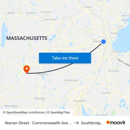 Warren Street - Commonwealth Ave @ Kelton St to Southbridge, MA map