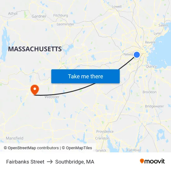 Fairbanks Street to Southbridge, MA map