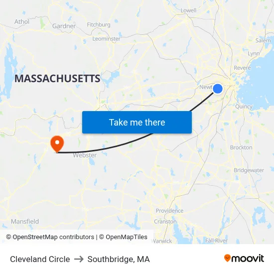 Cleveland Circle to Southbridge, MA map