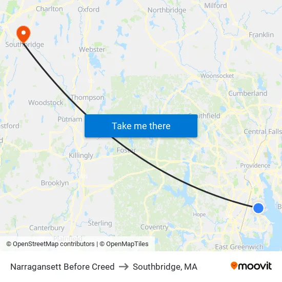Narragansett Before Creed to Southbridge, MA map