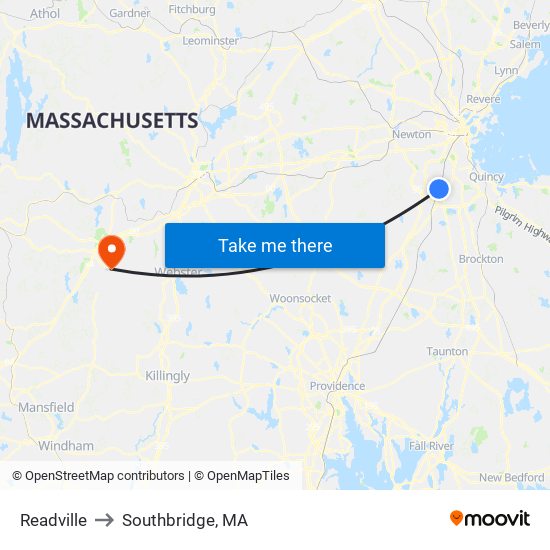 Readville to Southbridge, MA map