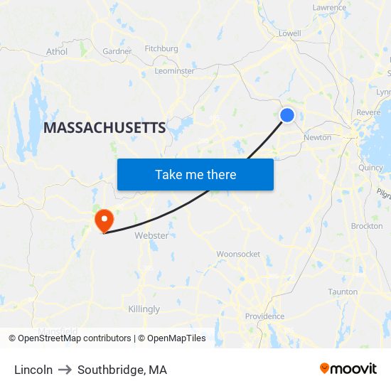 Lincoln to Southbridge, MA map